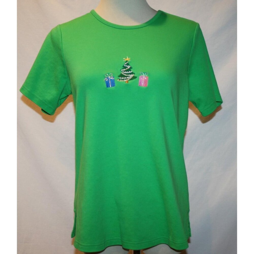 Quacker Factory Lime Green Holiday Embroidered T-Shirt Small